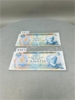 2 Canadian 1979 $5.00 bills
