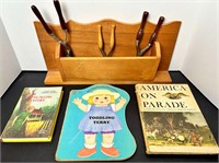 VTG BOOKS, HAND TOOLS, WOODEN WALL DISPLAY
