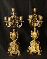 Pair 19th c. Rococo 5- light brass Candelabras