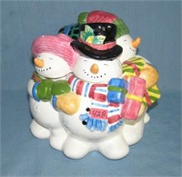 Figural snowmwn paint decorated cookie jar