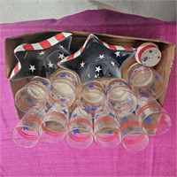 box of red, white, blue dishes