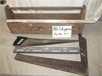 Vintage Wood Work Box w/ Saw, Level & Squares