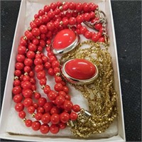 red beaded necklace & earrings set