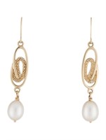 14k Gold Oval Pearl Drop Earrings