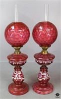 Vintage Cranberry Glass Oil Lamps / 2 pc