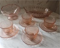 Rose glass - 4 cups w/saucers, serving bowls