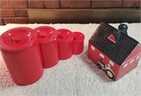 Barn Cookie Jar & Red Cannister Set