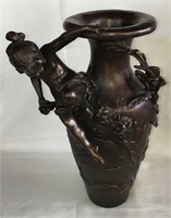 Auguste Moreau Art Nouveau Bronze Vase w/ Cherub