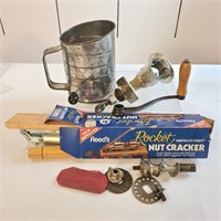 Vintage meat grinder, nut cracker & Sifter