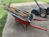 Wheelbarrow w/Gardentools, – ax/hoe/rakes/trimmers