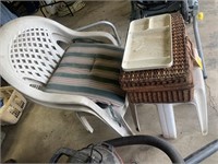 2 lawn chairs, pillows, picnic basket/plastic tray