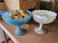 Two candy dishes and miniature wood bowling pins
