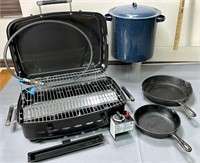 Unused Table-Top Gas Grill, Cast Iron Pans, Large