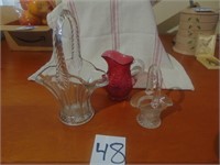 2 glass baskets w handles and pink pitcher