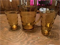 8" Amber Pitcher with 3 matching glasses - wavy