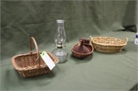(3) Wicker Baskets & Vintage Oil Lamp