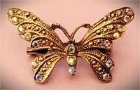 VINTAGE GOLD & AURORA BOREALIS BUTTERFLY BROOCH