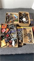 Box of old door knobs, ball bearings, hardware,