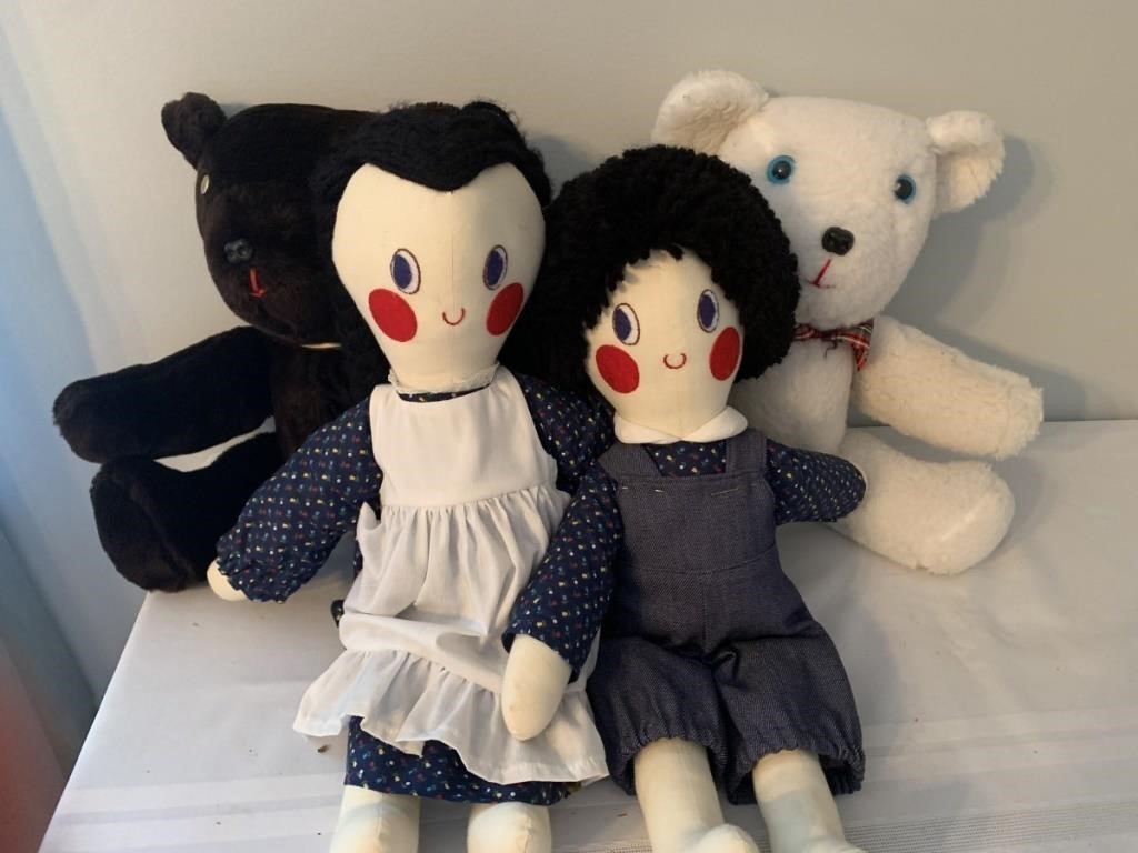 2 teddy bears and 2 hand made dolls