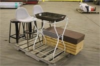 (4) Stools,Wire Table ,Wicker Basket & Bench