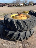 SET OF 18.4-38 TIRES W/ WHEELS, SLEEVES & WEDGES,