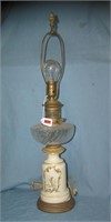 Antique crystal, porcelain and brass table lamp