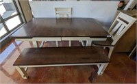 FARMHOUSE STYLE DINING TABLE W/ BENCH, 3 CHAIRS