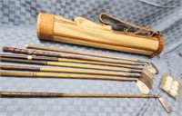 7 antique wooden shaft golf clubs with Tufhorse