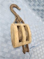 Double vintage wooden farm pulley