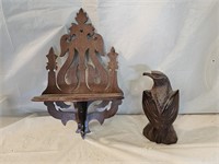 Antique Walnut Wall Shelf, Carved Wood Eagle