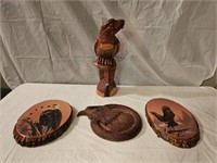 Carved Wood Eagle, Clock and Plaques