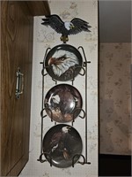 3 Hand Painted Eagle Plates with Rack