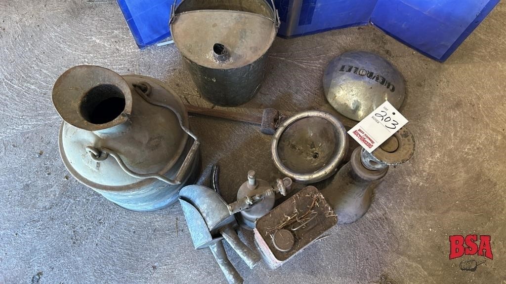 Misc Antique Pails, Hubcap, Beam Scale, Jack,