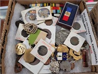 ASSORTED MILITARY PINS AND MEDALS, TOKENS, COINS