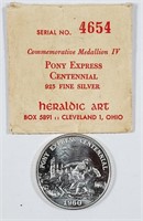 1960  Pony Express Centennial Medallion  .925 ag