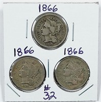 3  1866  Three Cent Nickels   VG-F