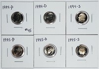 1994 P-D-S & 1995 P-D-S  Roosevelt Dimes  BU