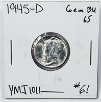1945-D  Mercury Dime   Gem BU-65