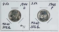 1944-D  4 FS & 1945-P 3 FS  Jefferson Nickels  MS
