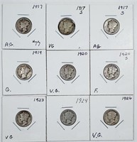 Group of 9  Mercury Dimes  1917 - 1926