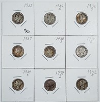 Group of 9  Mercury Dimes   1935 - 1942-S