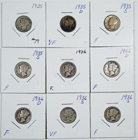 Group of 9  Mercury Dimes   1935 - 1936-S