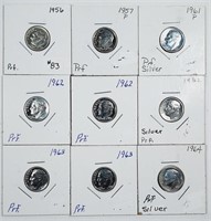 Group of 9  Roosevelt Dimes  1956 - 1964  Proof