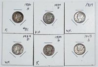 Group of  6 Mercury Dimes   1936-S - 1943-S
