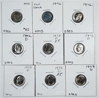 Group of 9  Roosevelt Dimes   1971 - 1974-D