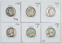 Group of 6  Washington Quarters  1948 - 1949-D