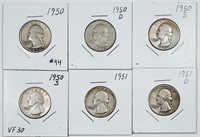 Group of 6  Washington Quarters   1950 - 1951-D