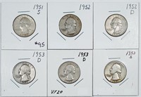 Group of 6  Washington Quarters  1951-S - 1953-S