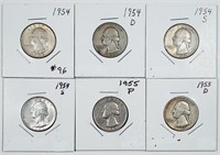 Group of 6  Washington Quarters  1954 - 1955-D