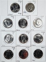 Group of 11  Kennedy Half Dollars  1980-D - 1989